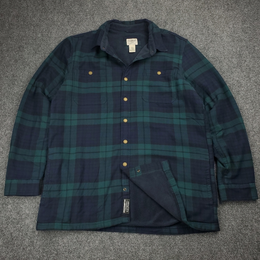 LL Bean Fleece Lined Flannel Shirt Jacket Mens Large Tall Black Watch Tartan